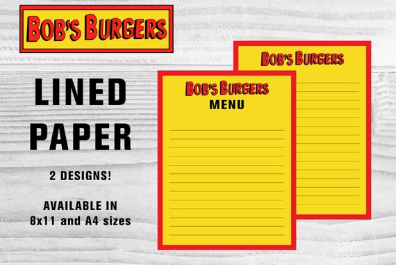 Bob's Burgers Party Printable 2 Designs Lined Paper Menu | Etsy