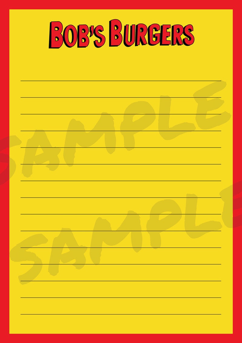 Bob's Burgers Party Printable 2 Designs Lined Paper Menu | Etsy