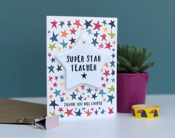 Thank you Teacher Card - Super Star Teacher Card - Luxury Card And Ceramic Keepsake Star - End of Term Card - Best Teacher