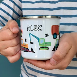 Digger and Truck Enamel Mug - Personalised kids Mug - DiggerMug - Hot Chocolate Mug - Boys Birthday