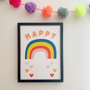 Impresión de arcoíris feliz, tamaño A4 o A3, impresión inspiradora, obra de arte feliz, decoración de interiores para niños