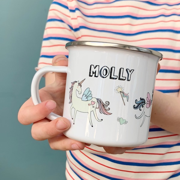 Unicorn Enamel Mug - Personalised Gift - Gift For Girls - Name Mug - Children Camping Mug