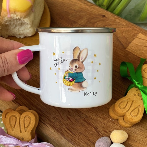 Retro Easter Bunny Check Background Enamel Mug - Easter Enamel Mug - Easter Gift - For Children - Happy Easter Gift - Easter Bunny