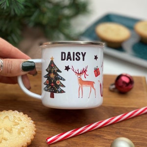 Christmas Traditional Enamel Mug - Childrens Hot Chocolate Mug - Personalised Name Mug - Christmas Eve Mug - Stocking Filler - Traditional