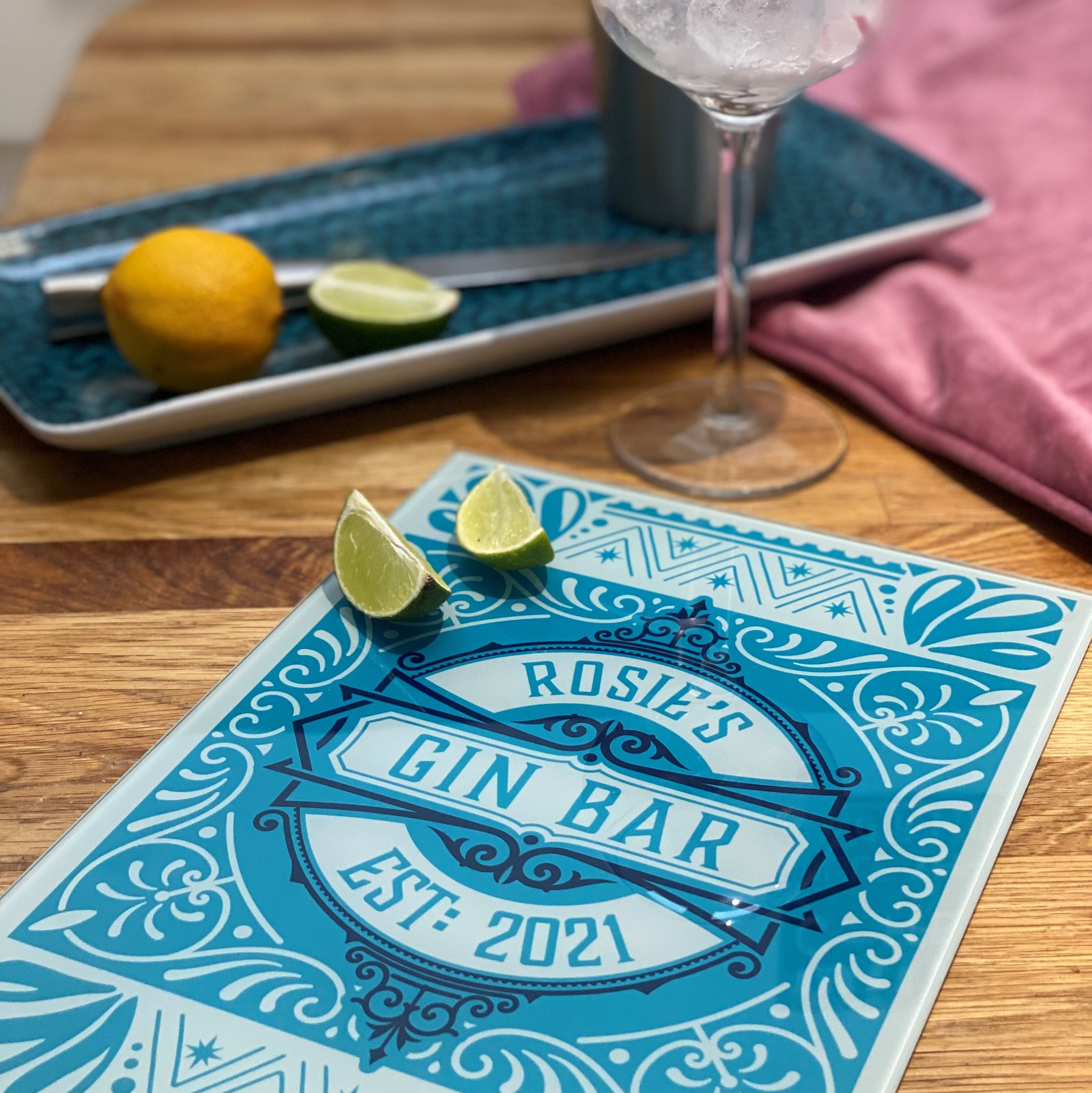 Personalised Glass Chopping Board with Gin Cocktail Design