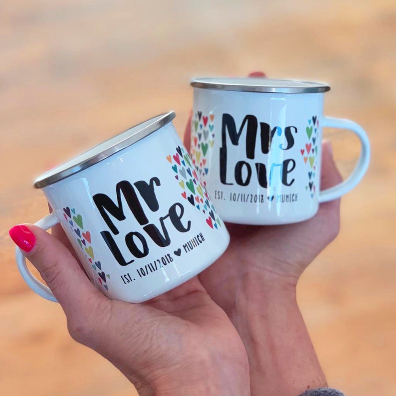 Couple's Enamel Mug Set Wedding Mugs Mr and Mrs Mr and Mr Mrs and Mrs Tin Mugs Personalised Wedding Gift Same sex wedding gift image 6