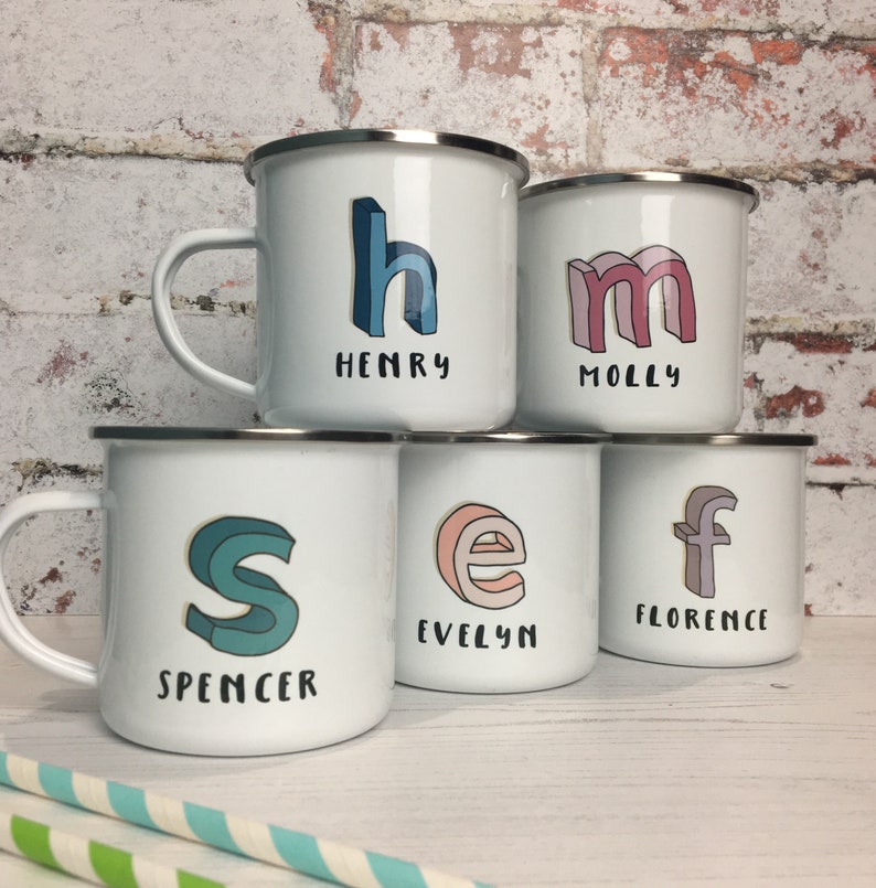 3D Cartoon Sketch Initial Enamel Mug Sketch Initial Enamel Mugs Name Mugs Personalised Tin Mugs Camping Mugs Initial and Name Mug image 3