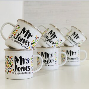 Couple's Enamel Mug Set Wedding Mugs Mr and Mrs Mr and Mr Mrs and Mrs Tin Mugs Personalised Wedding Gift Same sex wedding gift image 5