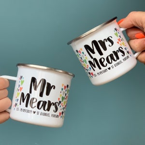 Couple's Enamel Mug Set Wedding Mugs Mr and Mrs Mr and Mr Mrs and Mrs Tin Mugs Personalised Wedding Gift Same sex wedding gift image 4