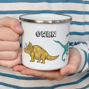Dinosaur Enamel Mug - Personalised kids Mug - T Rex Mug - Hot Chocolate Mug - Boys Birthday