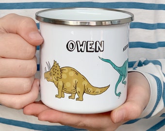 Dinosaur Enamel Mug - Personalised kids Mug - T Rex Mug - Hot Chocolate Mug - Boys Birthday