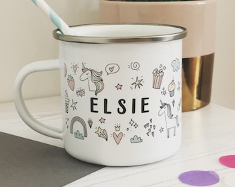 Sugar & Spice Unicorn Enamel Mug - Personalised Gift - Gift For Girls - Name Mug - Children Camping Mug - rainbows - girls