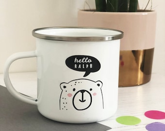 Monochrome Hello Bear Enamel Mug - Personalised Gift - Unisex Gift - Name Mug - Children Camping Mug - Christening Gift