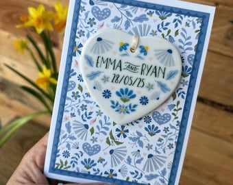Luxury Blue Folksy Wedding Card with Ceramic Heart Keepsake - Greek Wedding - Personalised with couples names & date - Mediterranean