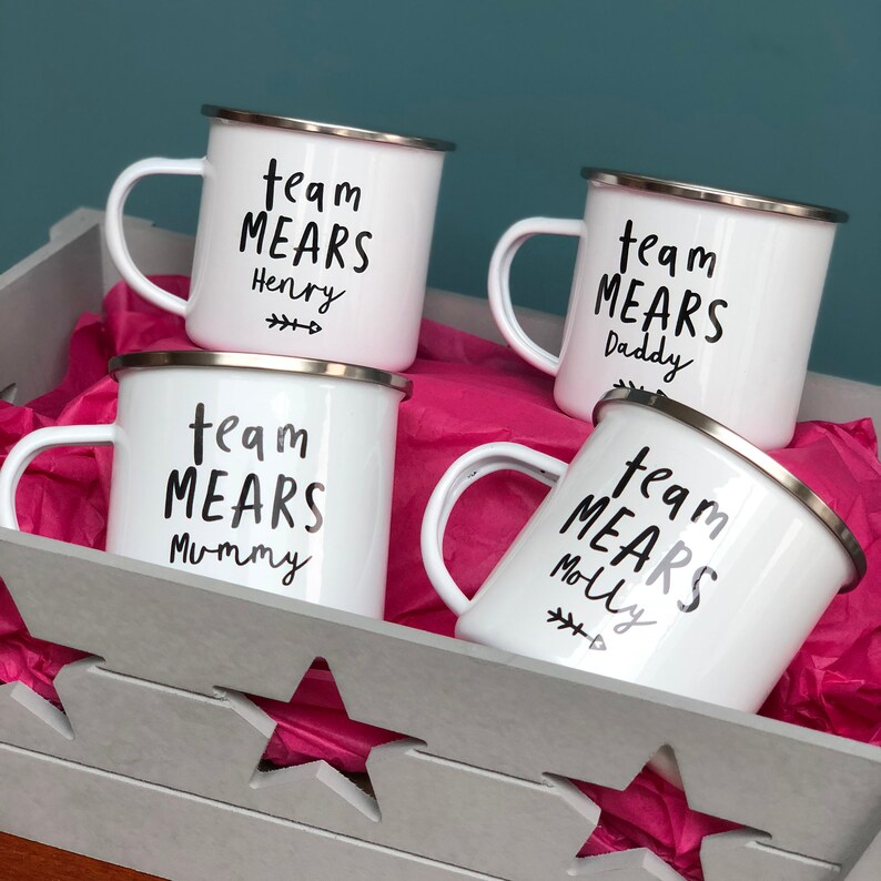 Family Personalised Enamel Mug Set Team Surname Family gift Tin Mugs image 3