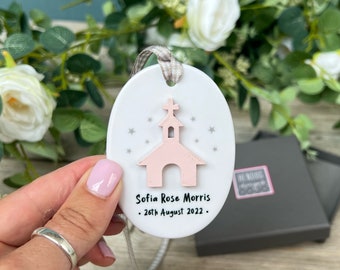 Ceramic Happy Christening Decoration - Personalised Baptism Gift - Special Christening - Godchild Gift - Gift Box - Wooden Chapel Keepsake