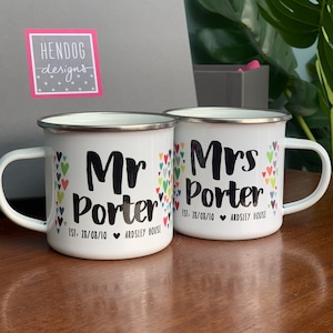 Couple's Enamel Mug Set Wedding Mugs Mr and Mrs Mr and Mr Mrs and Mrs Tin Mugs Personalised Wedding Gift Same sex wedding gift image 2