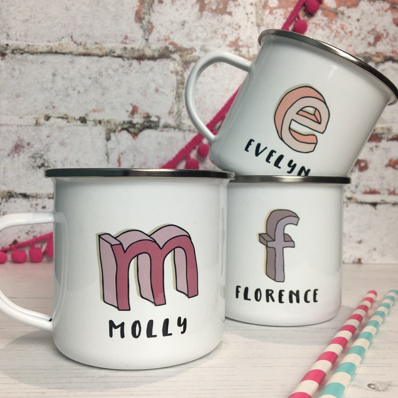 3D Cartoon Sketch Initial Enamel Mug Sketch Initial Enamel Mugs Name Mugs Personalised Tin Mugs Camping Mugs Initial and Name Mug image 4