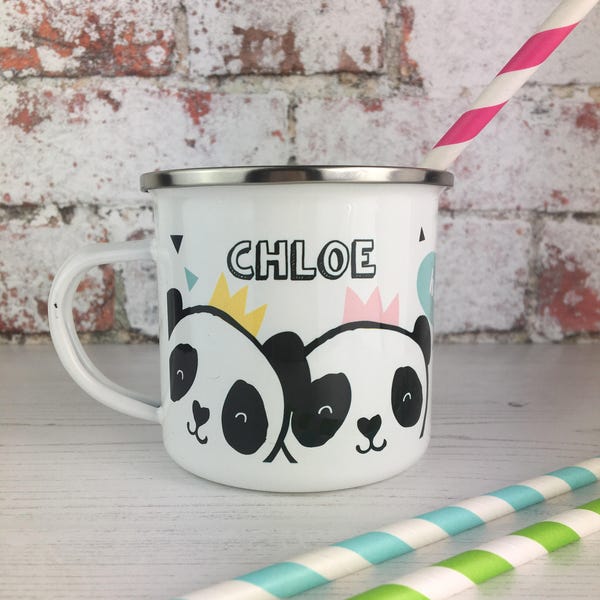 Panda and Tiger Enamel Mug - Personalised Gift - Gift For Girls - Name Mug - Children Camping Mug