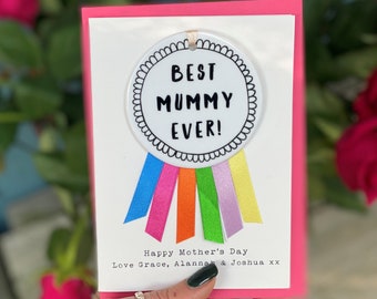 Mother's Day Keepsake Card With Ceramic Rosette - Best Mummy Card with Keepsake - Mothers Day Card - Best Mummy Rosette