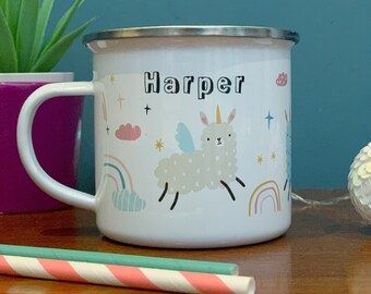 Llamacorn Enamel mugs - Personalised kids Mug - Hot Chocolate Mug - Girls Birthday