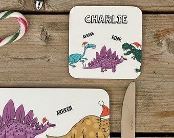 Christmas Dinosaur Coaster - Name Coaster -  T Rex Personalised Gift - Gift For Childrens - Christmas Kids Tableware