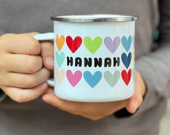 Heart Enamel Mug - Personalised Gift - Gift For Her - Name Mug - Rainbow Heart Mug - Birthday Personalised Mug