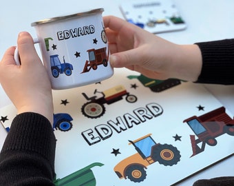 Personalised Tractor Placemat, Coaster and Enamel Mug Set