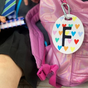 Rainbow Hearts Bag Tag Bag Charm School Bag Tag Back to School Initial Bag Tag image 1