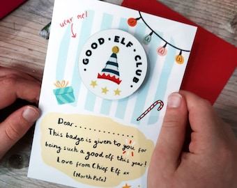 Good Elf Badge & backing Card - Good Elf Card Christmas Card