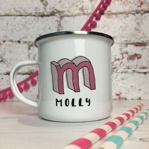 3D Cartoon Sketch Initial Enamel Mug Sketch Initial Enamel Mugs Name Mugs Personalised Tin Mugs Camping Mugs Initial and Name Mug image 7