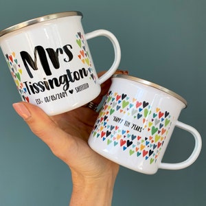 Couple's Enamel Mug Set Wedding Mugs Mr and Mrs Mr and Mr Mrs and Mrs Tin Mugs Personalised Wedding Gift Same sex wedding gift image 7