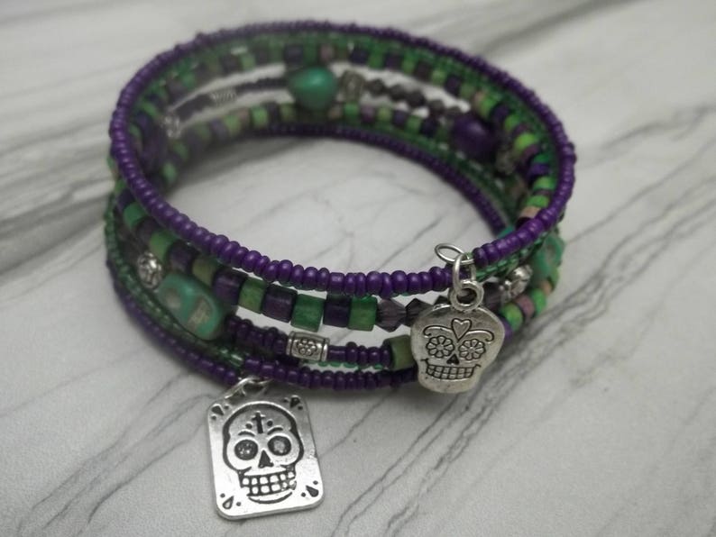 Day of the Dead Dia de Los Muertos Sugar Skull 7 layer stack Boho Purple /& Green Wood and Glass Bead Wrap Memory Bracelet