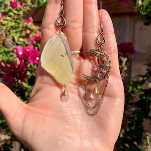 Asymmetrical Luna Moth Earrings//Celestial Antique Brass Earrings//Real Moth Wings//Resin Jewelry//Insect Jewelry//Rose Quartz