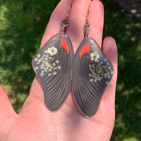 Extra Large Scarlet Mormon Butterfly Wing Earrings//Real Butterfly Wings//Resin Jewelry//Antique Brass Earrings//Pressed Flowers