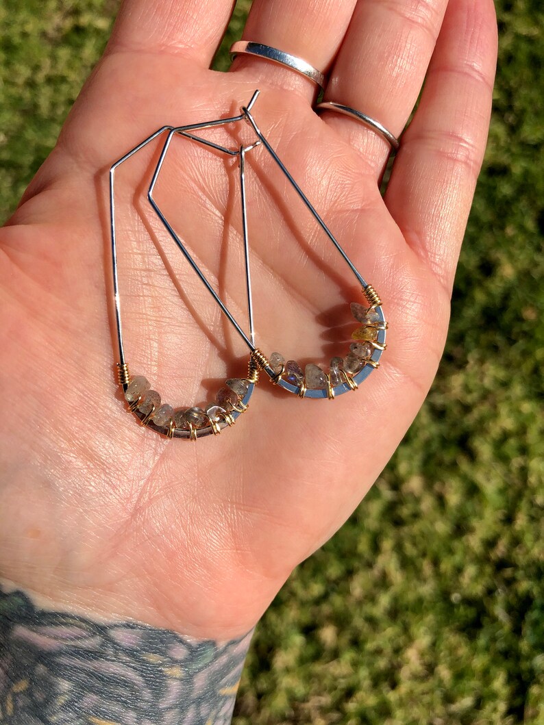 Geometric Mixed Metal Hoop EarringsLabradoriteCrystal JewelryHoop Earrings