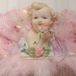 bella OOAK squallido rosa rose Cordless remoto fatto a mano angelo fatto a mano cherubino natale corona d&#39;anna bisque porcellana cherubini di seta rose