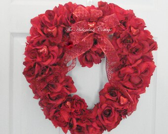 hand made romantic cupid red valentines day wreath sparkling red ribbon vintage red glass hearts silk red roses
