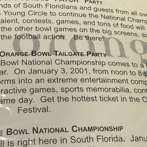 May include: A printed document featuring black text on a white background. Visible headings include BOWL ULTIMATE "PATCH" PARTY, Orange Bowl Tailgate Party, and BOWL NATIONAL CHAMPIONSHIP. The text describes events in South Florida, including a party on January 3, 2001, and mentions sports memorabilia, games, and contests.