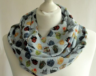 Teapot print infinity scarf, Gift for tea lover, Vintage teapot print scarf, Circle scarf, Scarf with teapot print, Lightweight scarf