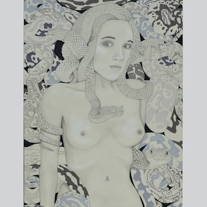 May include: A woman with a snake wrapped around her head and body. The snakes are drawn in shades of gray and white.
