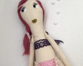 Pink Mermaid Heirloom Doll handmade Calico Cloth Made to Order One of a Kind Bedroom Decor Girl's Gift