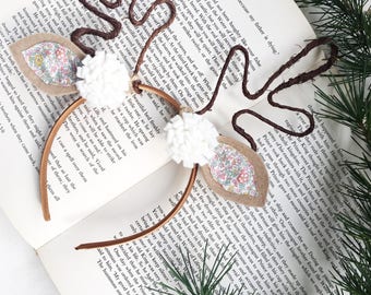 Antler Headband Christmas Flower Liberty Reindeer Woodland Fawn Doe Deer Hairband grey white - Festival