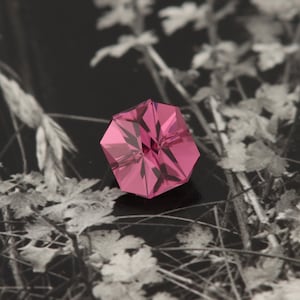 May include: A pink hexagonal gemstone with a star-shaped pattern inside. The gemstone is sitting on a black background with a blurry image of white flowers.