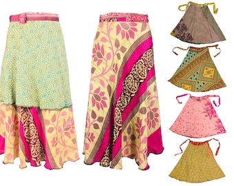 SARI WRAP SKIRT - Saree Silk double layer reversible fabric Skirt - Maxi Boho Hippy Festival free size - Cultural Roots