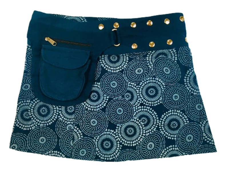 PRINTED MINI SKIRT Free Size Mandala Hippie Wrap Round Cotton Side Pouch Pocket Short Steam Punk Festival Urban Skirt Cultral Roots DARK BLUE