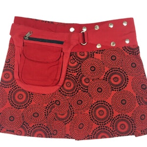 PRINTED MINI SKIRT Free Size Mandala Hippie Wrap Round Cotton Side Pouch Pocket Short Steam Punk Festival Urban Skirt Cultral Roots RED