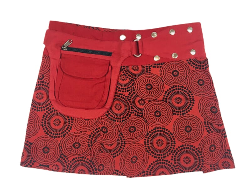 PRINTED MINI SKIRT Free Size Mandala Hippie Wrap Round Cotton Side Pouch Pocket Short Steam Punk Festival Urban Skirt Cultral Roots RED