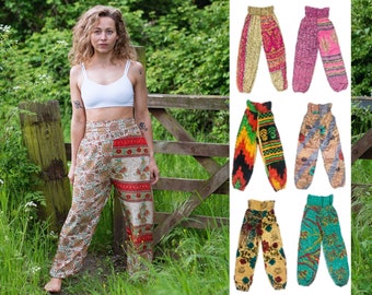 SARI SILK PANTS - Free Size Festival Summer Pants Trousers Capris - Unique Individual Fabric Designs - Cultural Roots