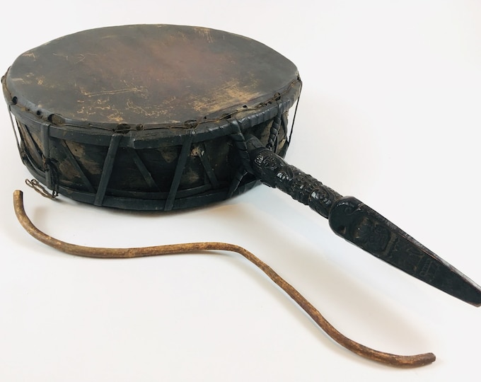 Tibetan Chod Damaru Round, Large, Wooden Leather, With Brocade Damaru Drum Cover Damaru Brocade Tail - Nepali Authentic Design Hand Carved Folk